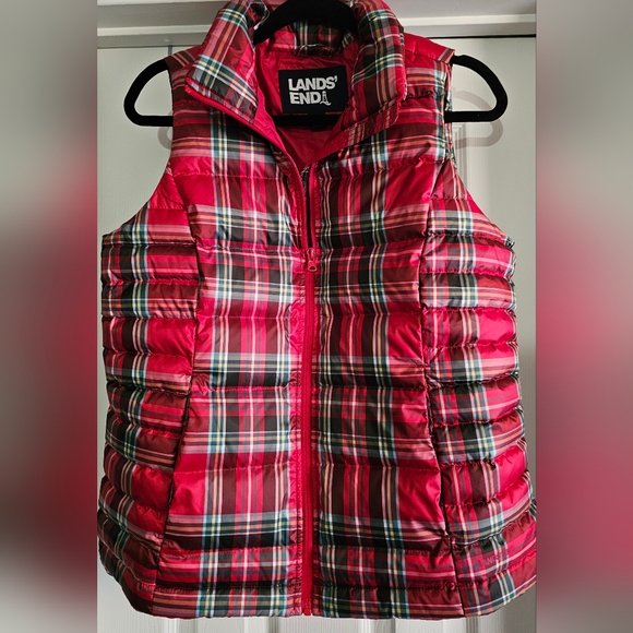 Lands' End Red Tartan Plaid Collared Puffer Zipper Vest Size Small 6/8 - Picture 2 of 8